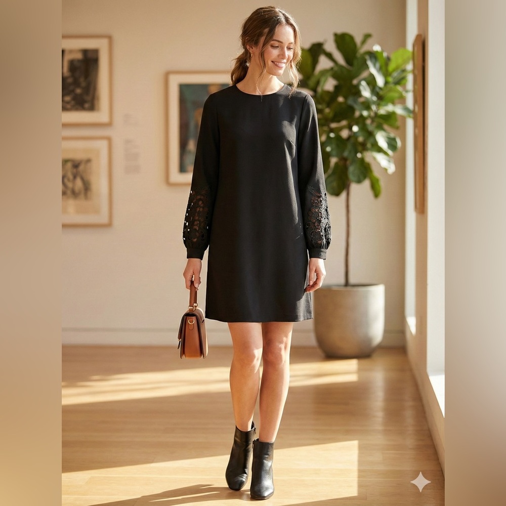 H&M Black Long Sleeve Shift Dress – Intricate Floral Eyelet Sleeve Detail Size 8